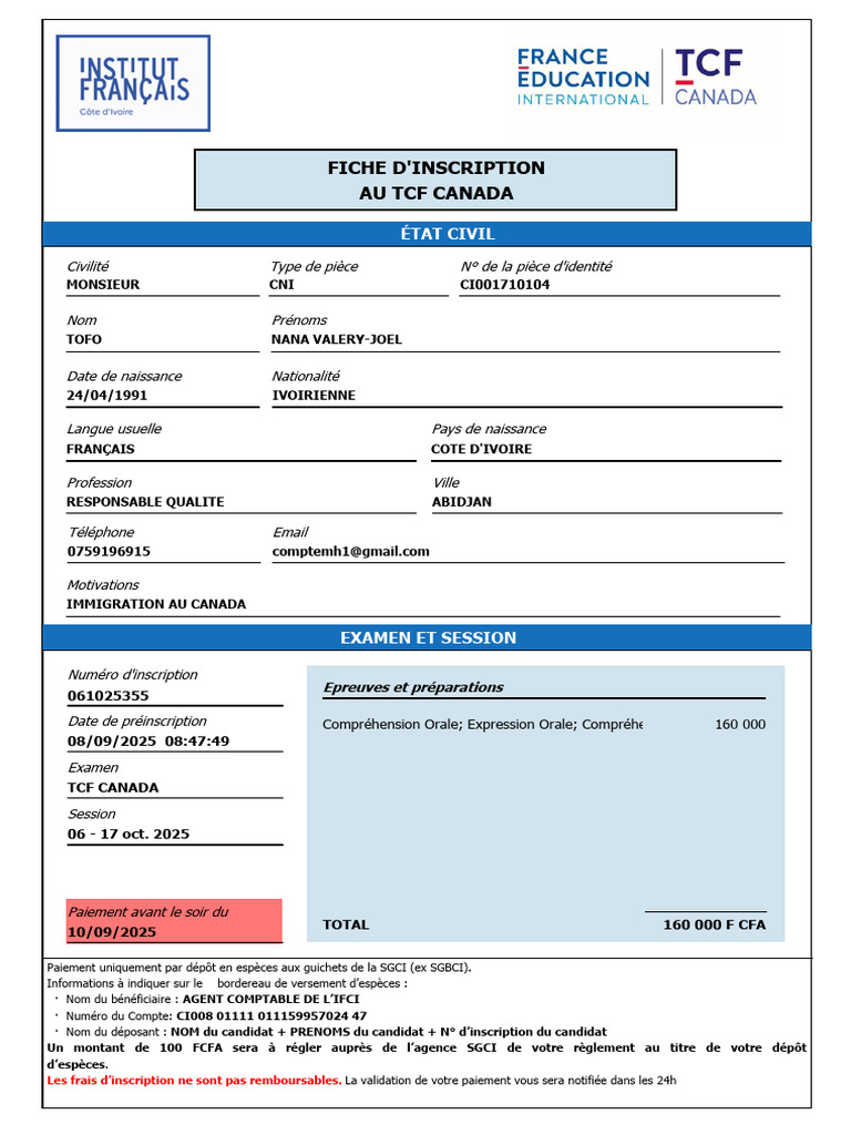 Inscription TCF Canada : Détails et Paiement | PDF