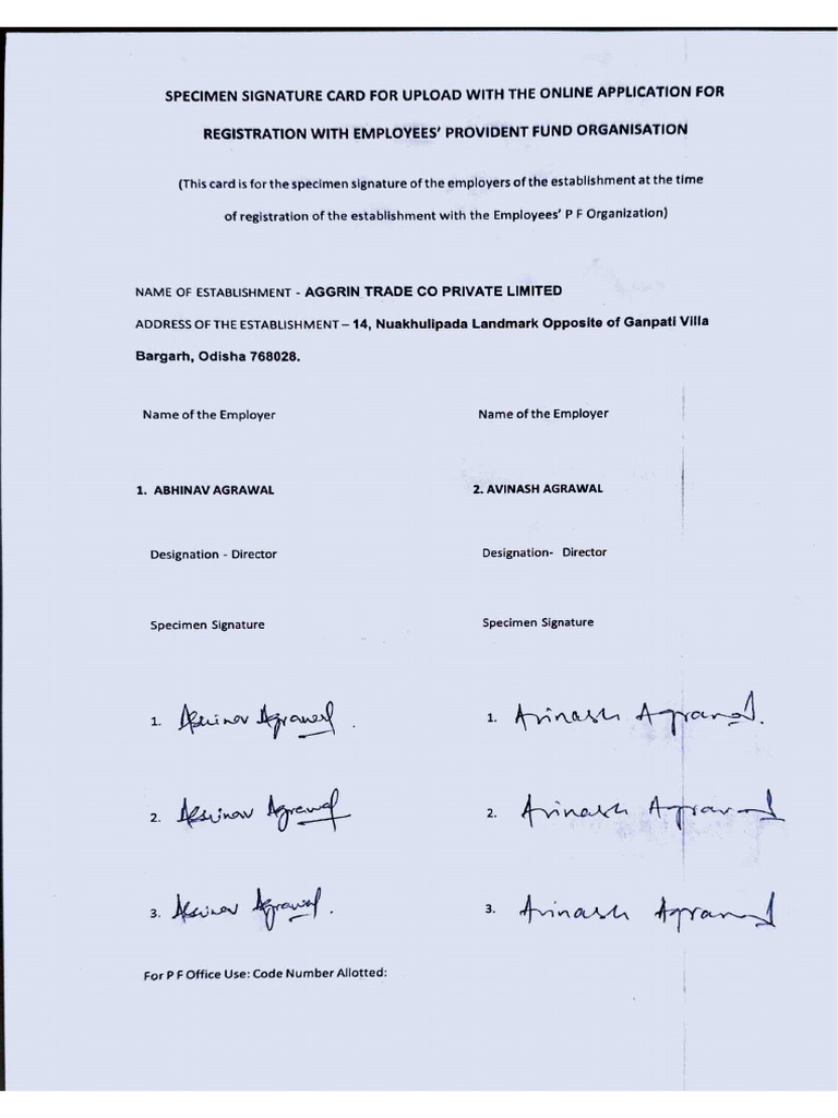 Specimen Signature Card for PF Registration | PDF