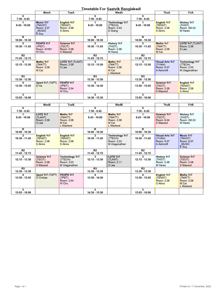 Year 7 Timetable for Saatvik | PDF