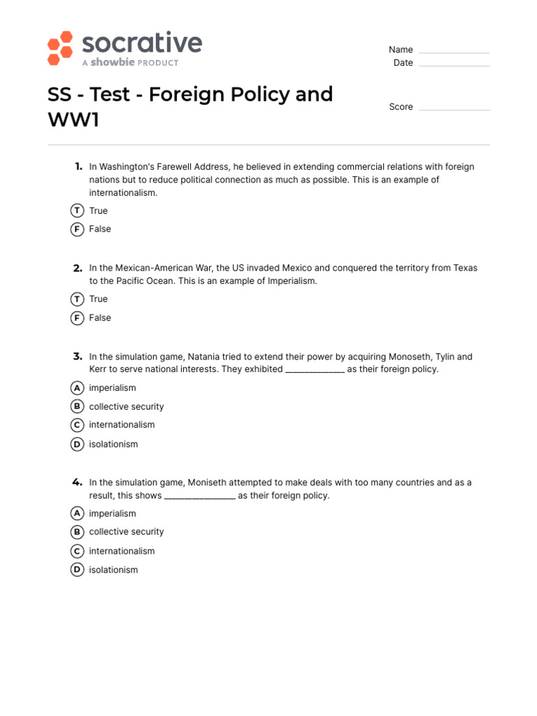 3.Quiz_SS - Test - Foreign Policy and WW1 | PDF | Military