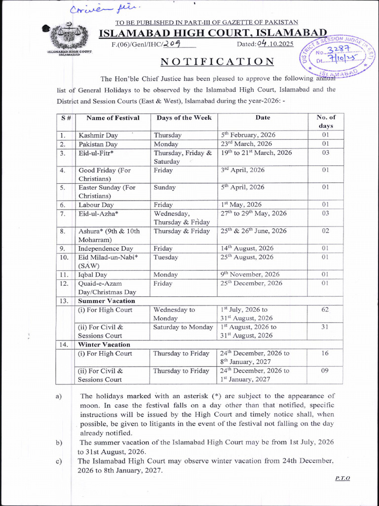 Islamabad High Court 2026 Holiday Schedule | PDF | Islamabad | World ...