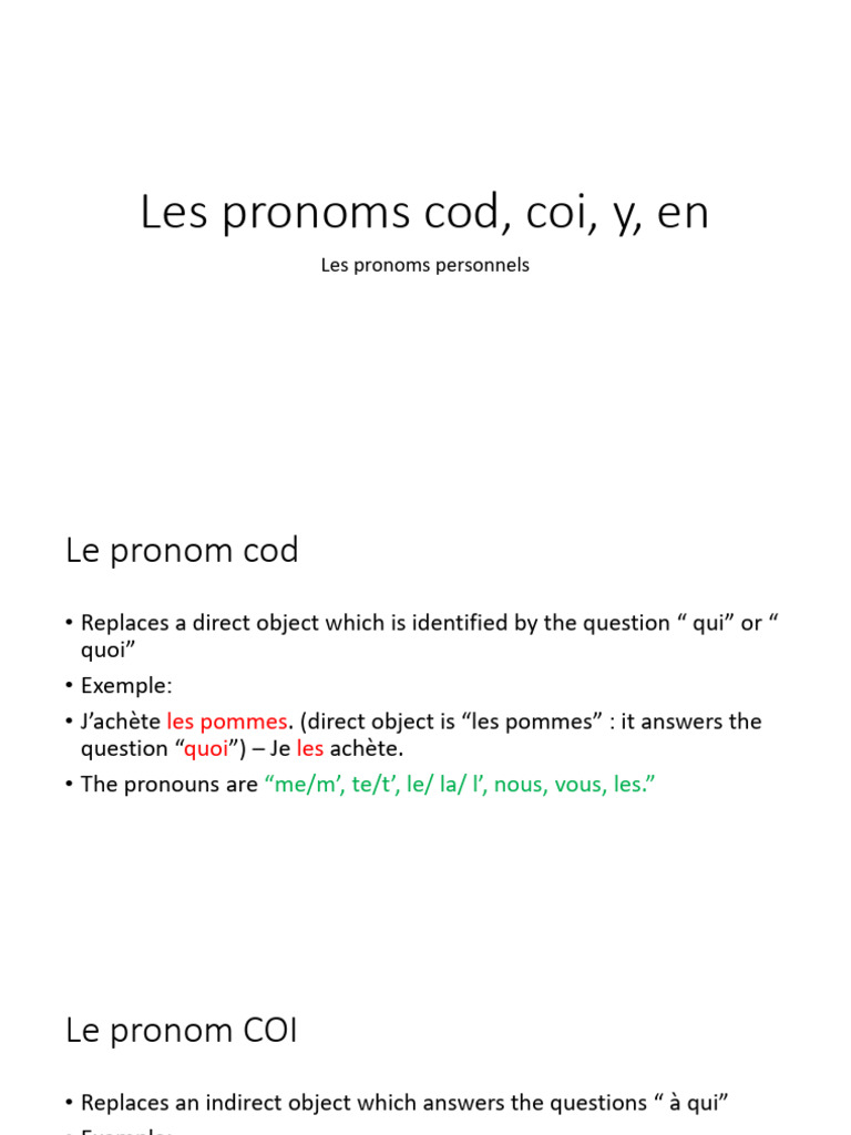 Guide des pronoms COD et COI en français | PDF