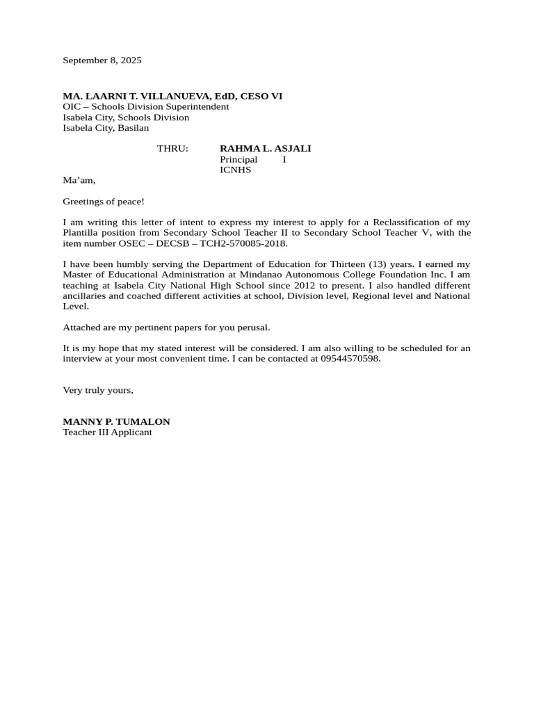 Teacher Reclassification Application Letter | PDF