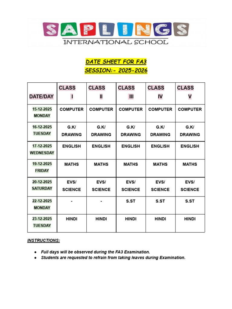 FA3 Exam Date Sheet 2025-2026 | PDF