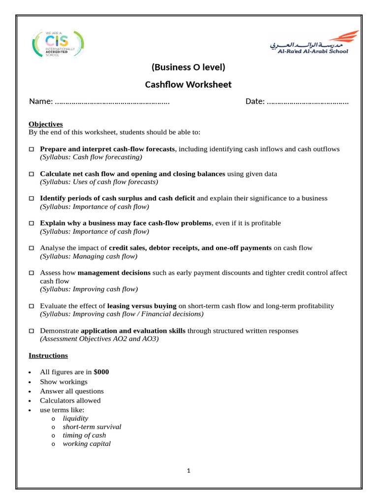 Cashflow worksheet | PDF | Financial Economics | Money