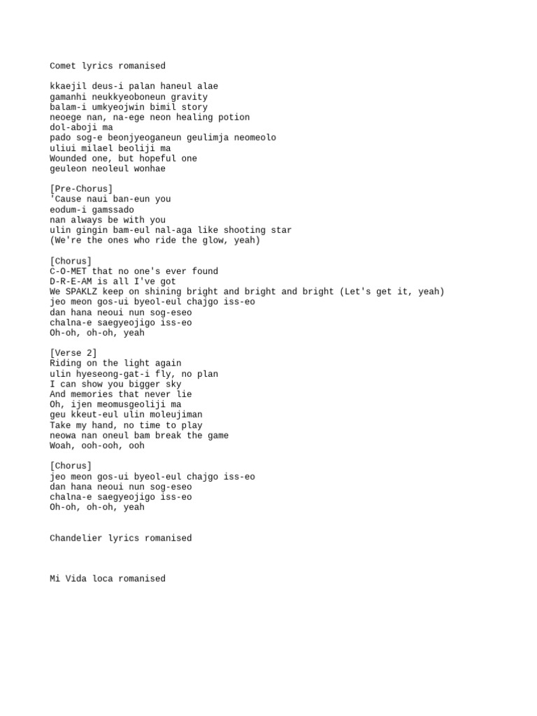 Romanized Lyrics For Comet And More PDF