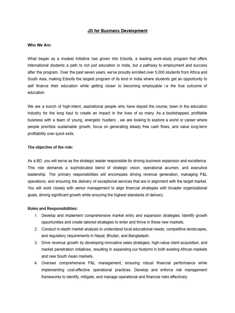 JD- Business Development | PDF | Strategic Planning | Risk Management