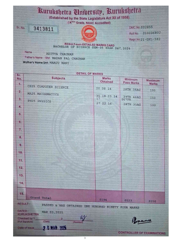 5th Sem Marksheet | PDF