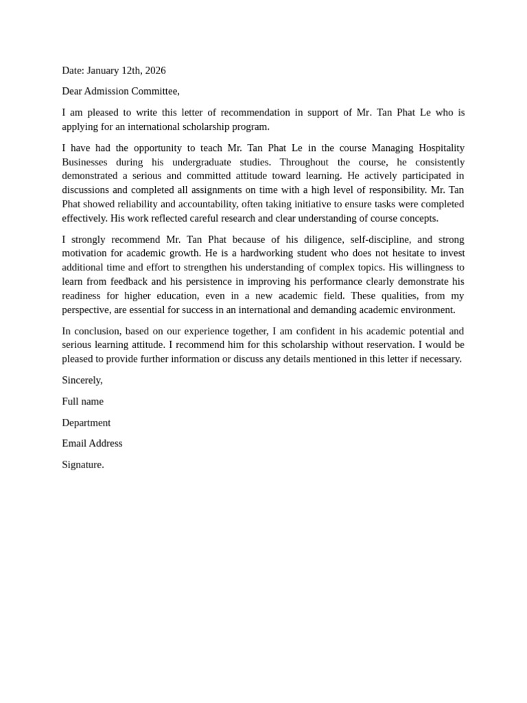 Recommendation for Tan Phat Le's Scholarship | PDF
