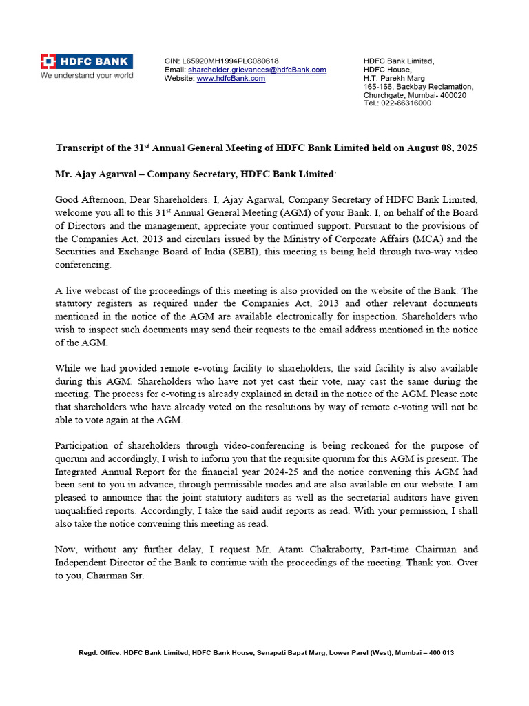 HDFC Bank 31st AGM Transcript 2025 | PDF | Dividend | Banks