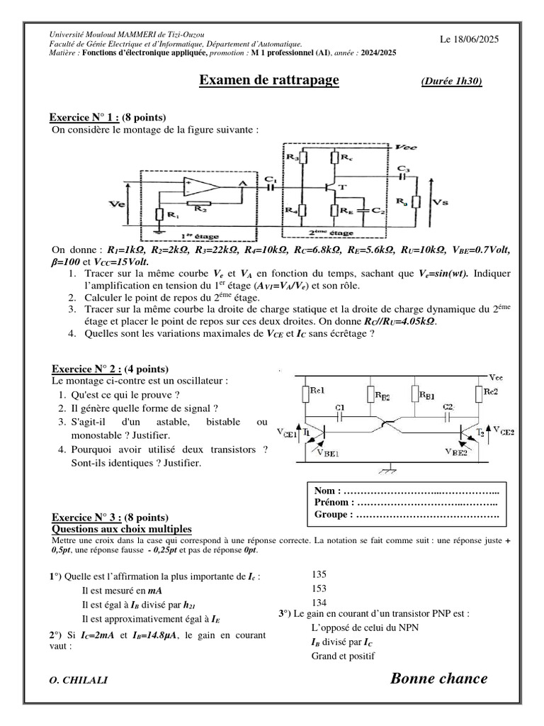 Examen de rattrapage en électronique 2024 | PDF | Amplificateur ...