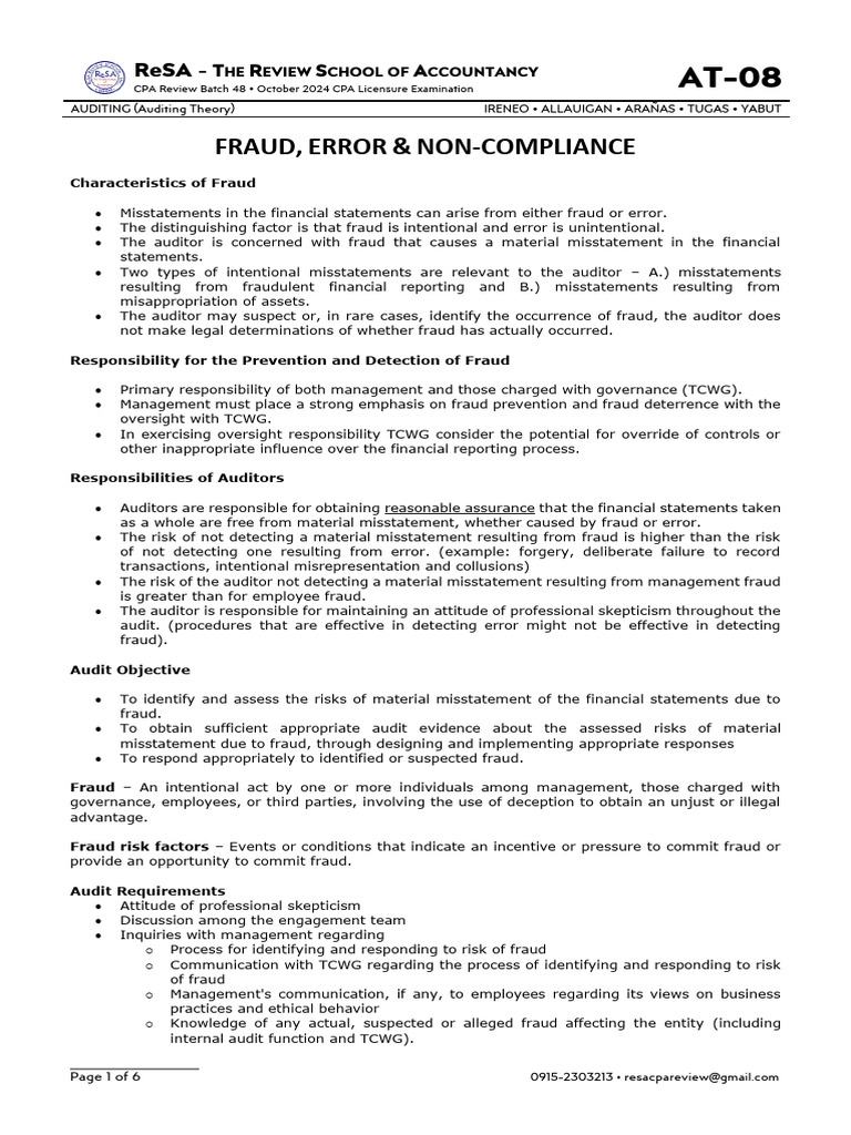 At-08 (Fraud, Error & Noncompliance) | PDF | Audit | Internal Control