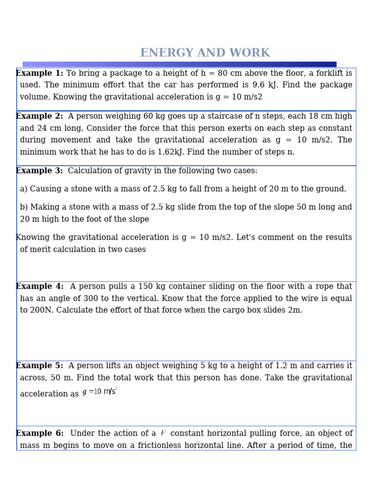 Work and Energy Calculations Examples | PDF | Force | Mass