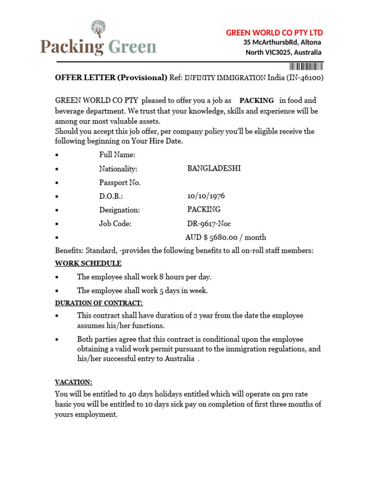 Job Offer Letter for Packing Position | PDF | Employment | Insurance