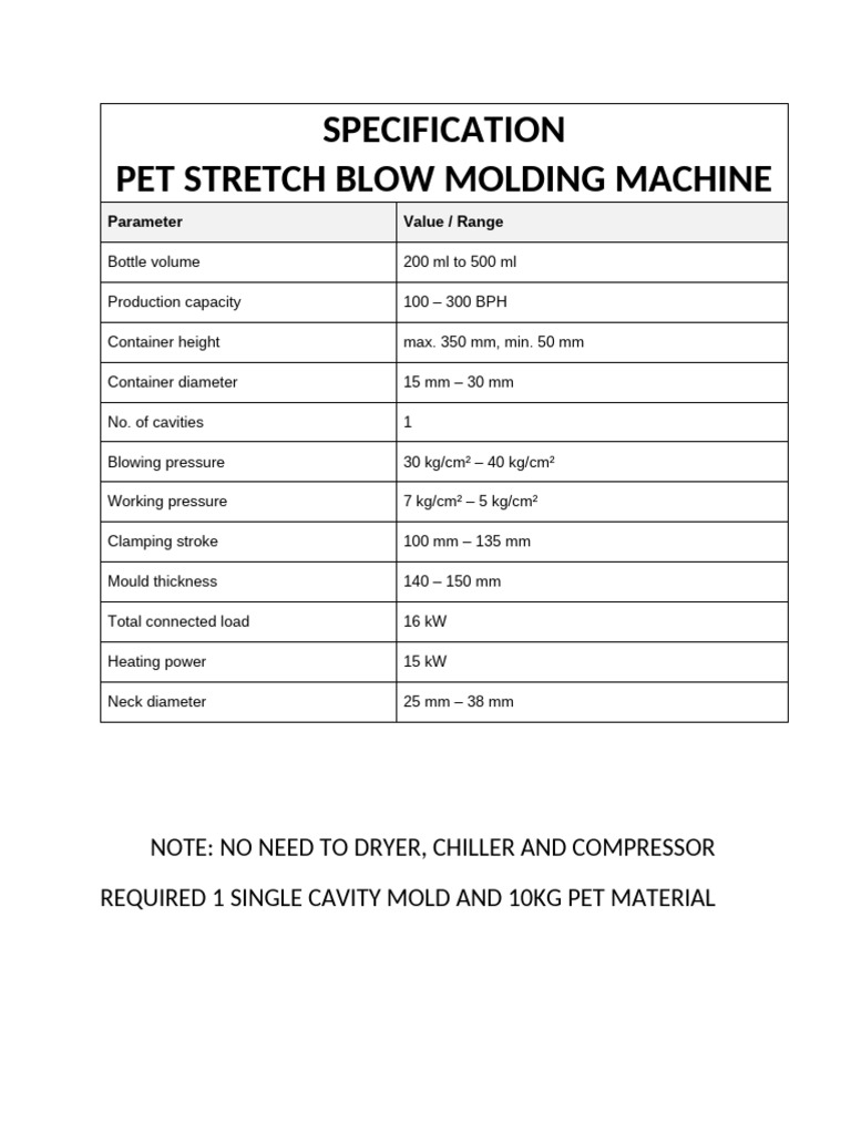 Stretch Blow Molding Machine Specification | PDF
