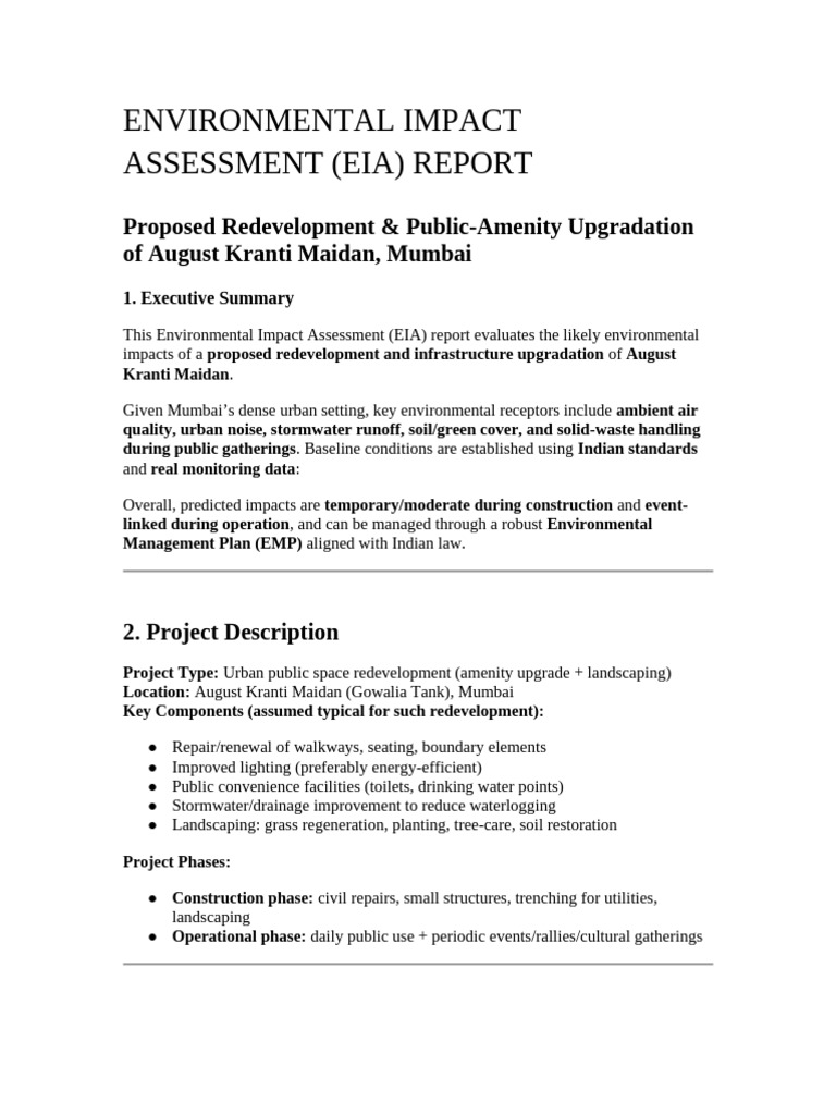 EIA Report for August Kranti Maidan Redevelopment | PDF | Environmental ...