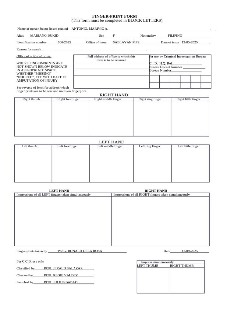 Fingerprint Submission Form Template | PDF | Fingerprint | Hand