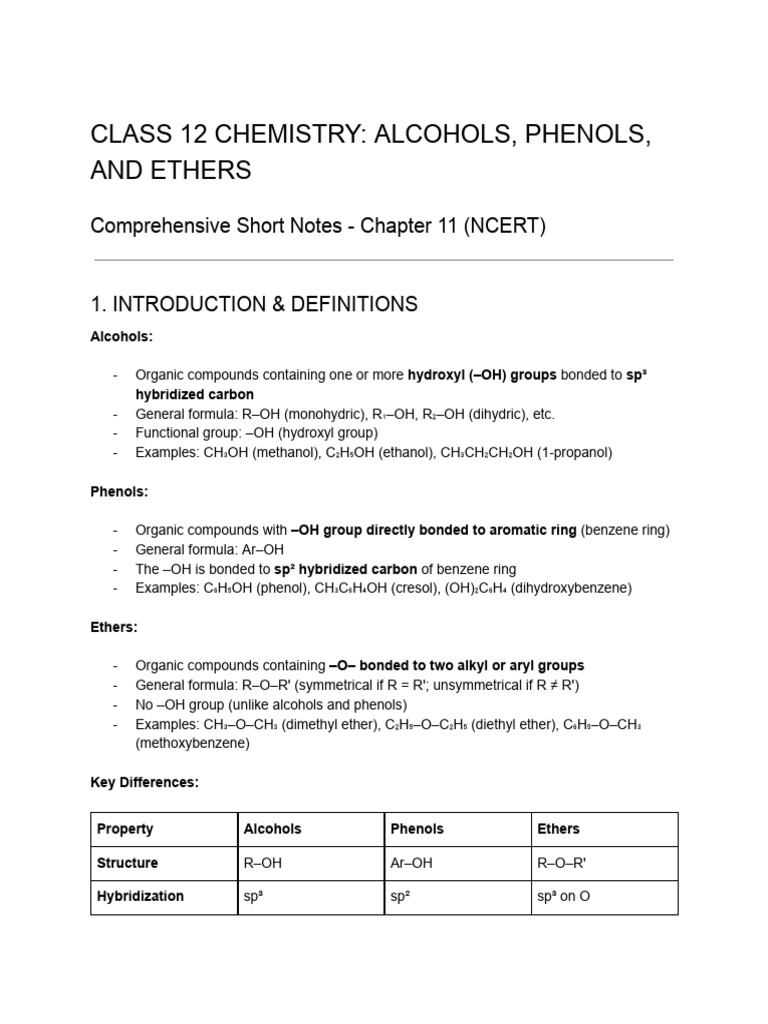 Class 12 Chemistry: Alcohols, Phenols, Ethers | PDF | Ether ...