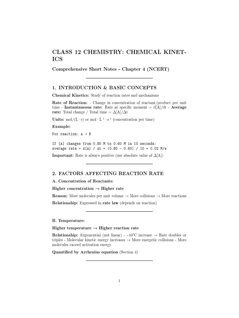 Class 12 Chemistry: Chemical Kinetics Notes | PDF | Reaction Rate ...