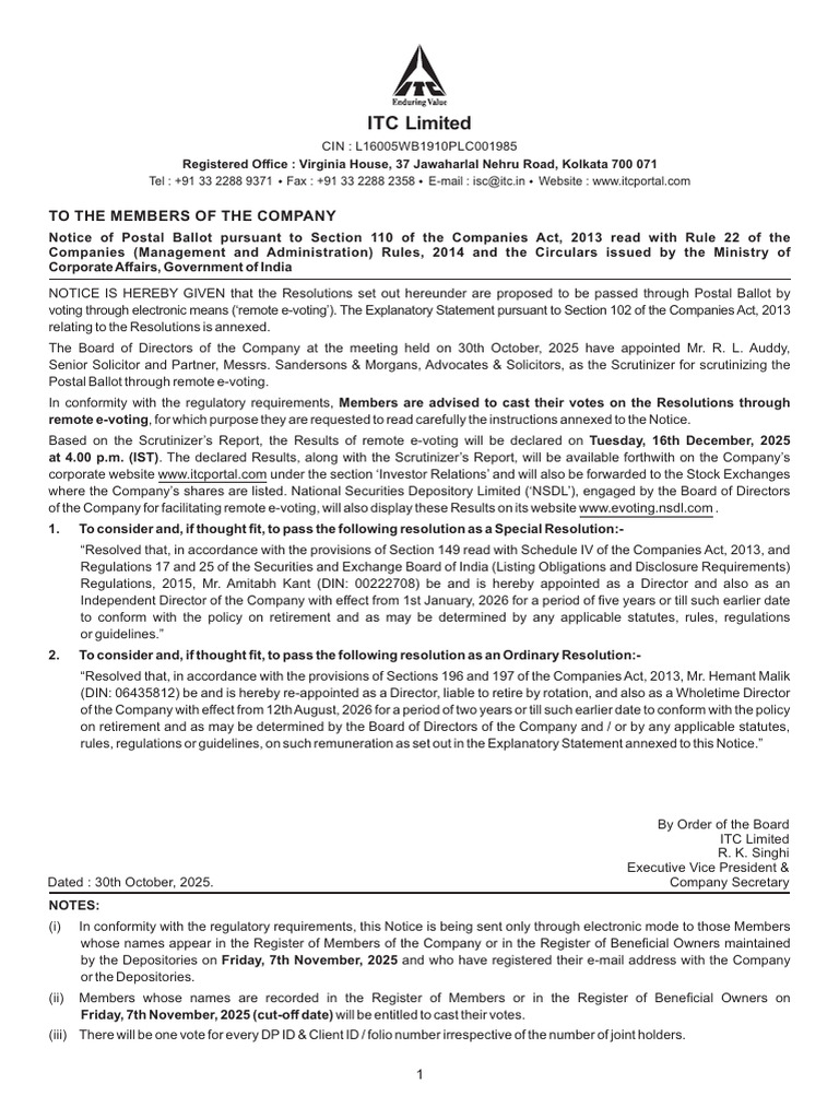 ITC Limited Postal Ballot Notice 2025 | PDF | Login | Password