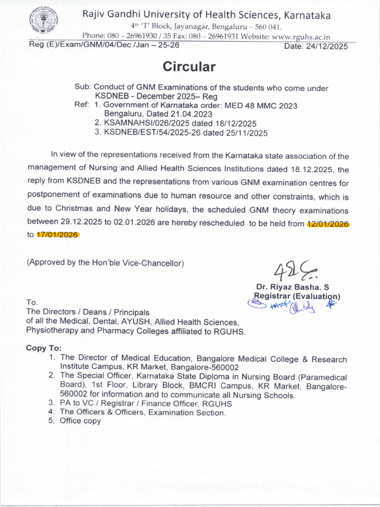 Circular to Affiliated Colleges of RGUHS Dated 24.12.2024. | PDF