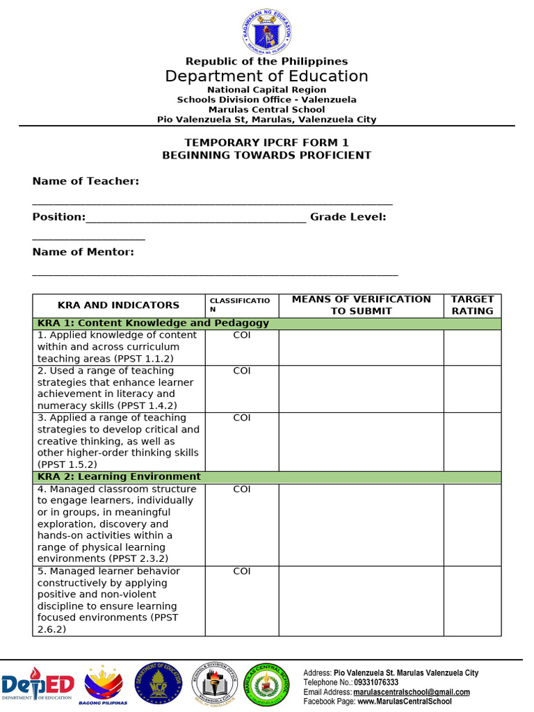 Temporary IPCRF Form 1 for Teachers | PDF | Educational Assessment ...