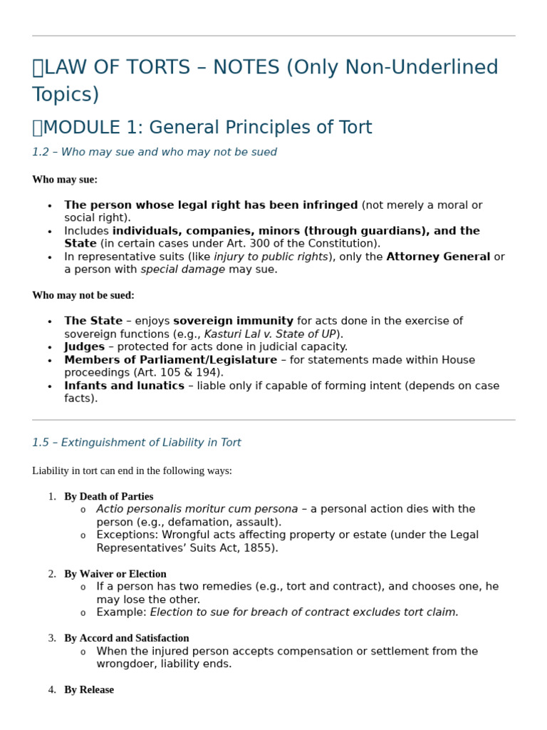 Law of Torts: Key Principles & Cases | PDF | Tort | Legal Liability