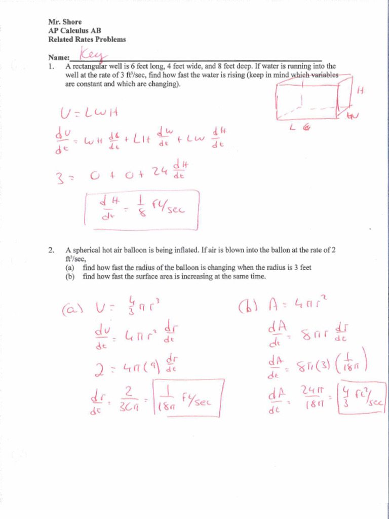 Related Rates Problems - Solutions | PDF