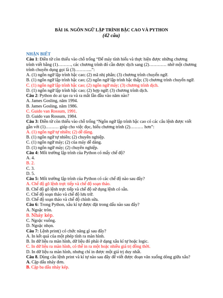 Bài 16 Ngon Ngu Lap Trinh Bac Cao Va Python | PDF