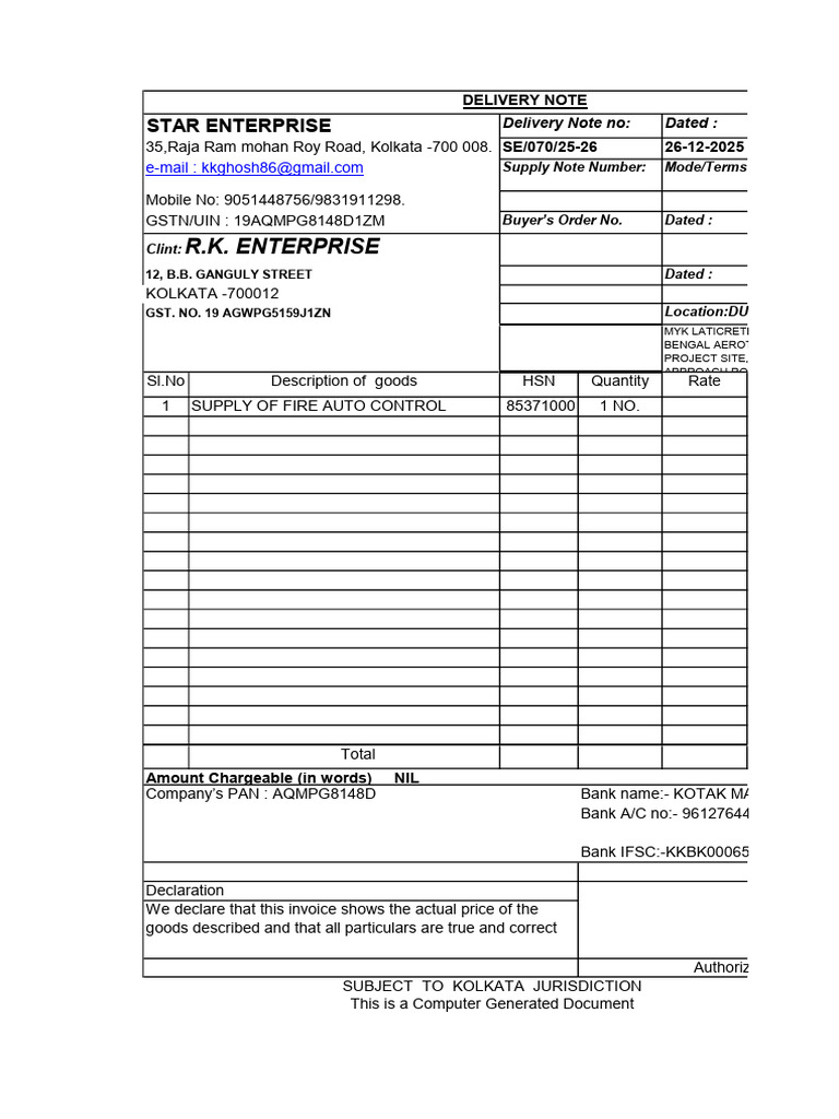 Kolkata Fire Control Supply Invoice | PDF
