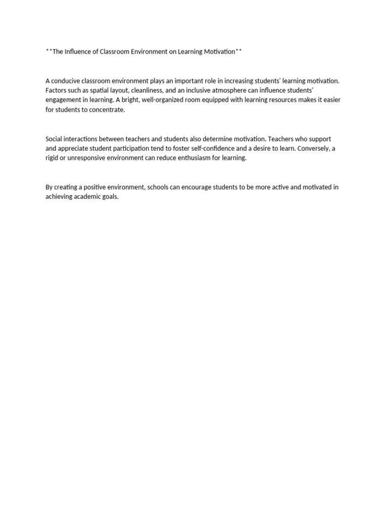 The Influence of Classroom Environment on Learning Motivation | PDF