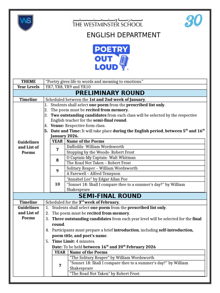 Poetry Recitation Competition Guidelines | PDF | Poetry