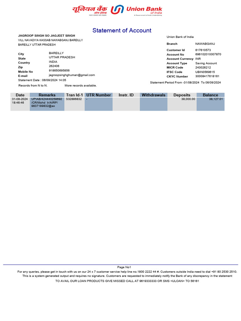 Union Bank Statement of Account | PDF
