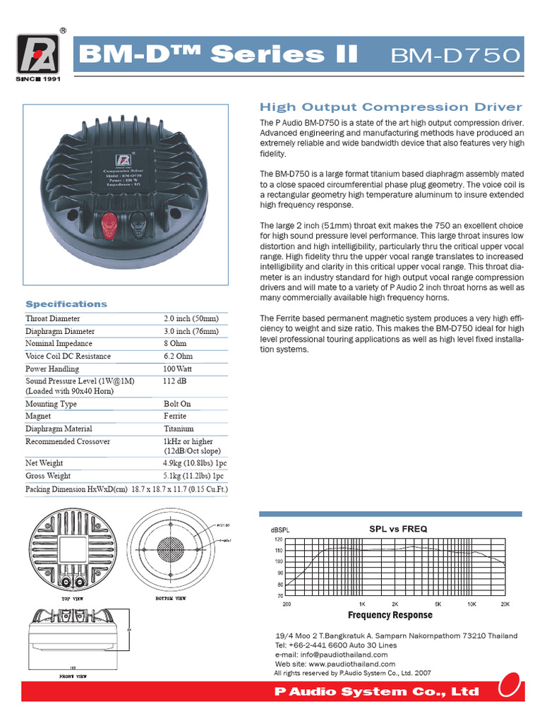 P Audio BM-D750 Compression Driver Specs | PDF | Inductor