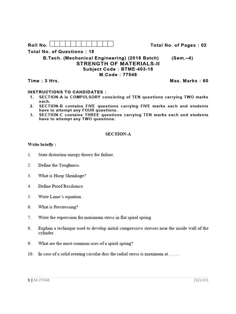 Btech Me 4 Sem Strength of Materials 2 77548 Dec 2020 | PDF | Stress ...