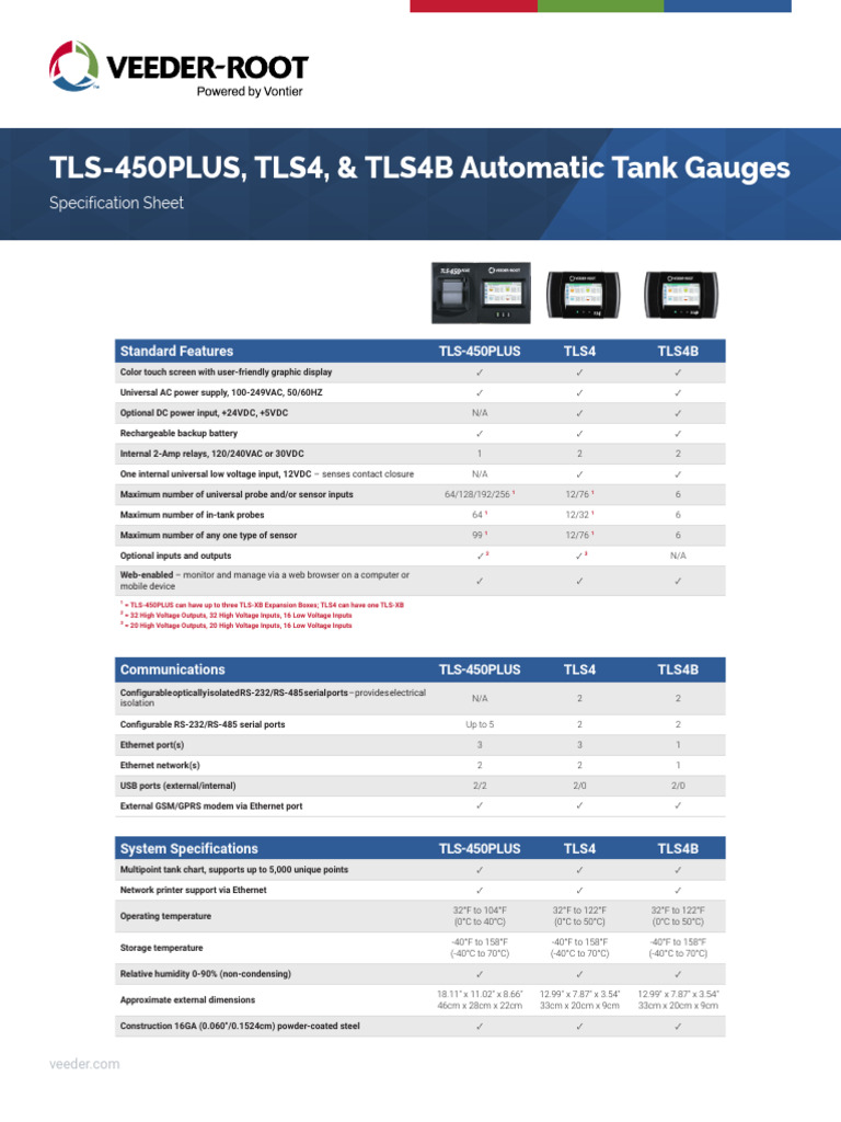 TLS-450PLUS, TLS4, & TLS4B Automatic Tank Gauges: Specification Sheet ...