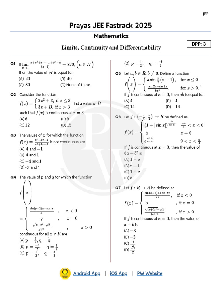 JEE 2025: Limits and Continuity DPP | PDF