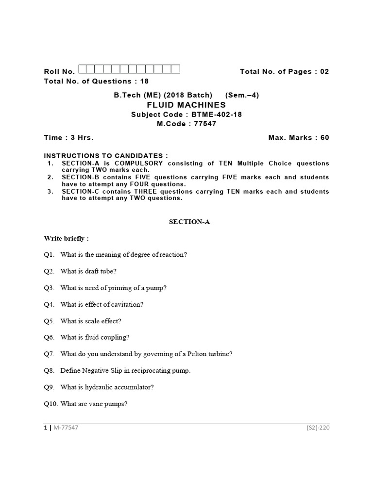 Btech Me 4 Sem Fluid Machines 77547 Dec 2020 | PDF | Turbine | Pump
