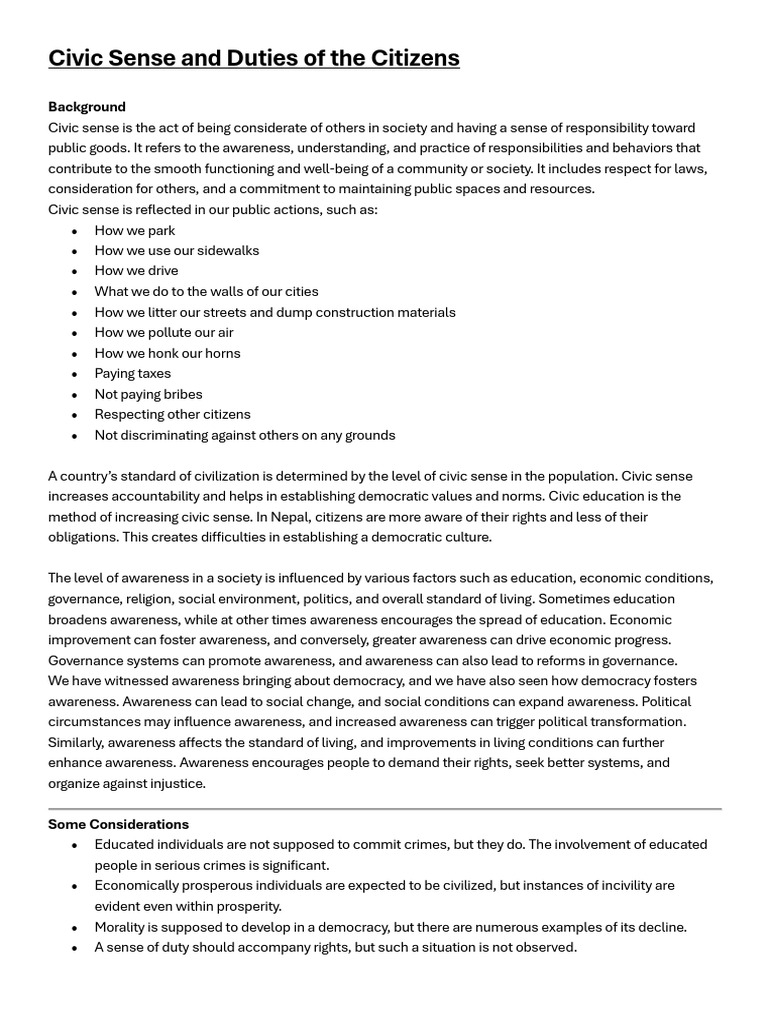 Understanding Civic Sense and Responsibilities | PDF | Governance ...
