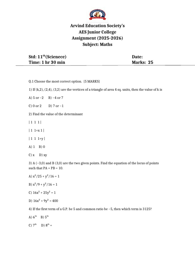 Maths Assignment for Std 11 Science | PDF