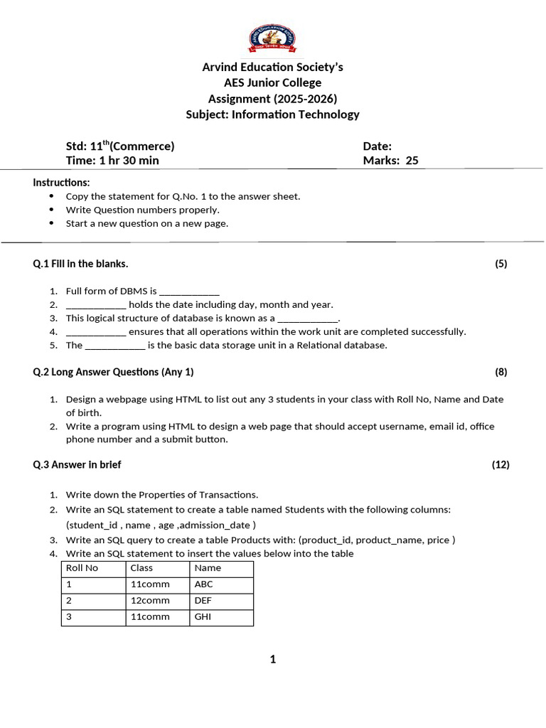 IT Assignment for 11th Commerce Students | PDF