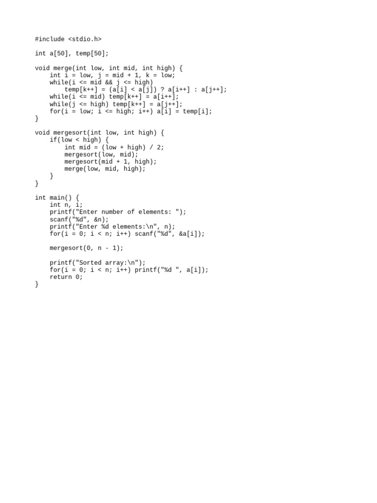 C Merge Sort Algorithm Example | PDF