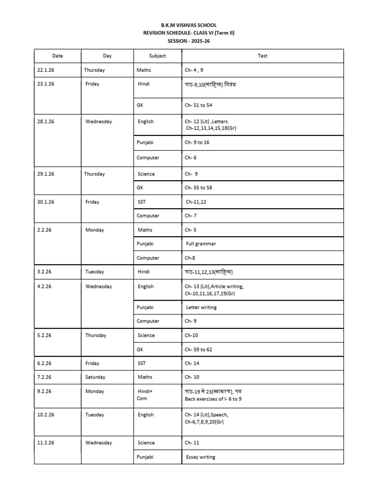 Class VI Term II Revision Schedule 2025-26 | PDF