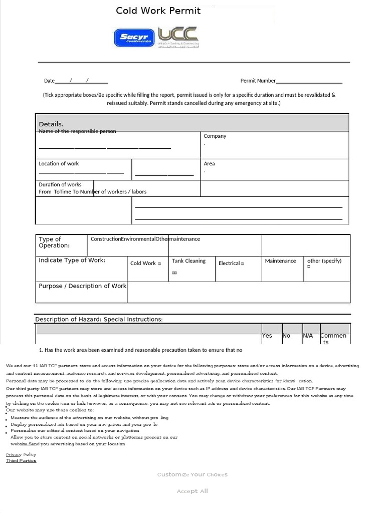 Cold Work Permit Safety Checklist | PDF | Computing