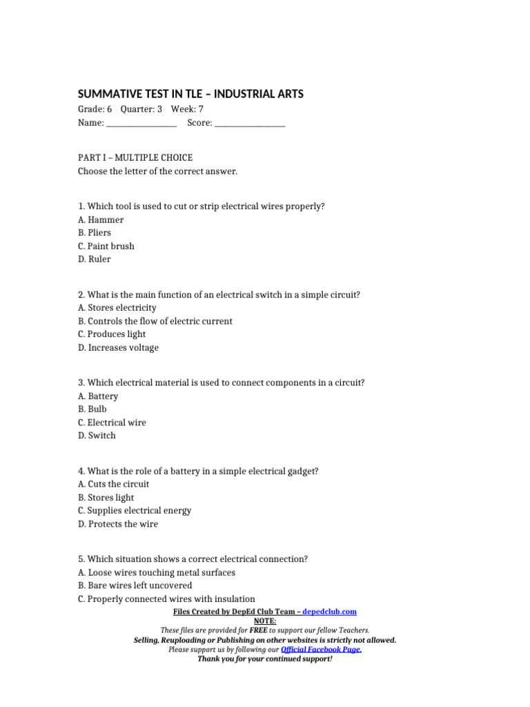 Grade 6 TLE Industrial Arts Test | PDF | Electricity | Electrical Wiring