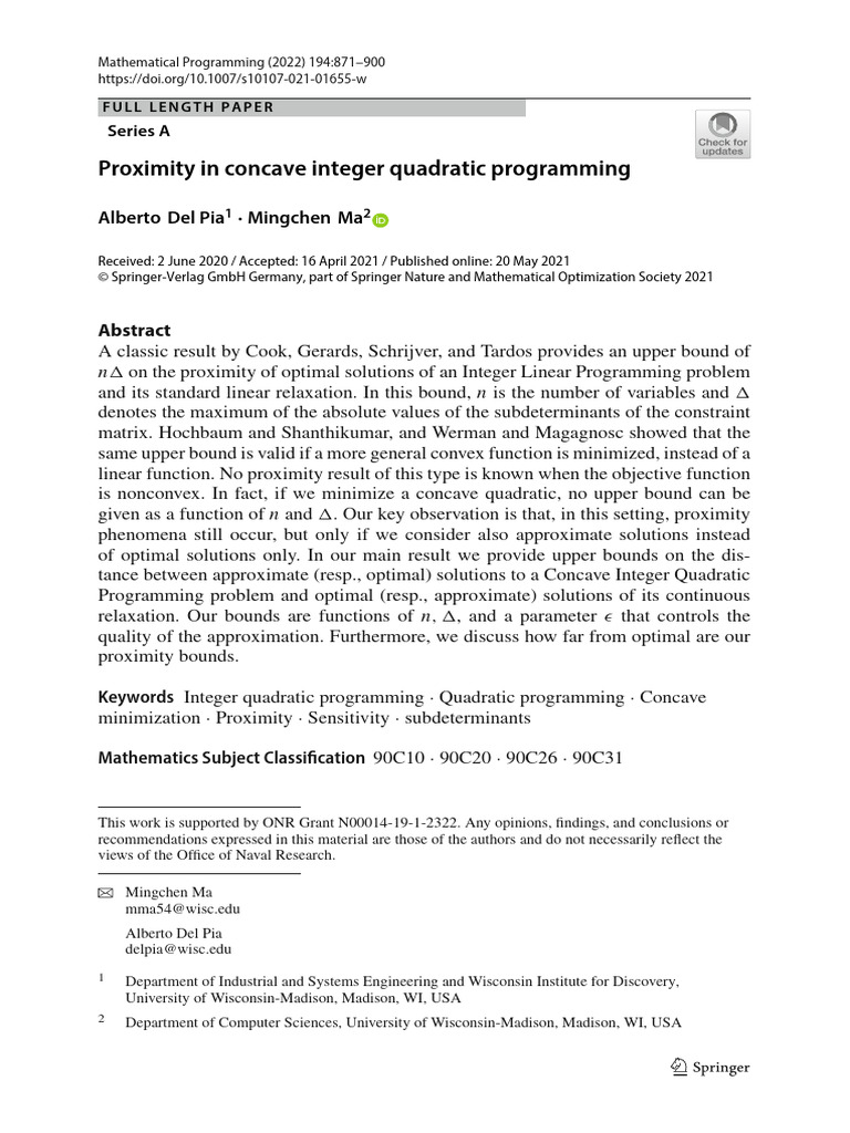 Proximity in Concave Integer Quadratic Programming | PDF | Linear ...