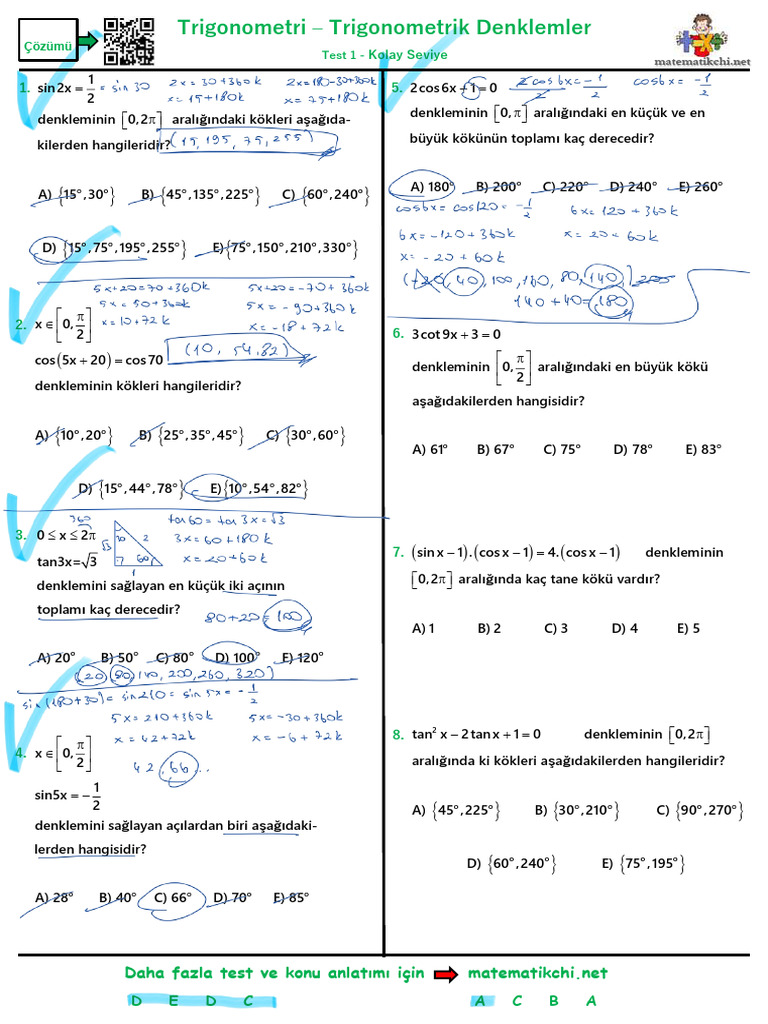 Trigonometrik Denklemler Test 1 K | PDF