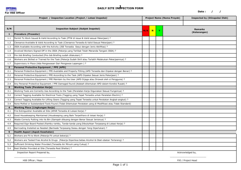 Workplace Inspection Form - HSE Officer (MTP) | PDF
