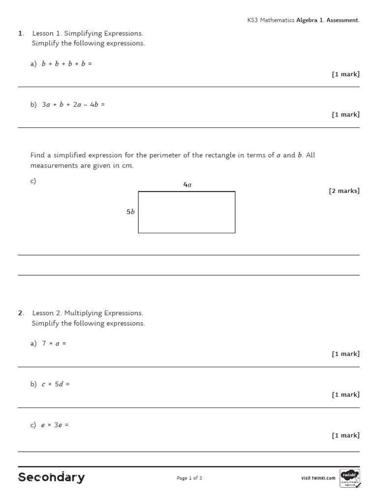 KS3 Algebra Assessment: Simplifying Expressions | PDF | Mathematics | Chess
