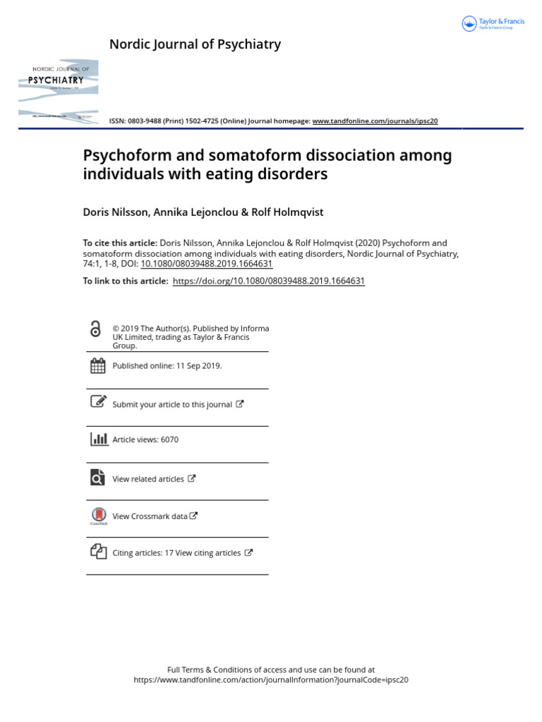 Psychoform and Somatoform Dissociation Among Individuals With Eating ...